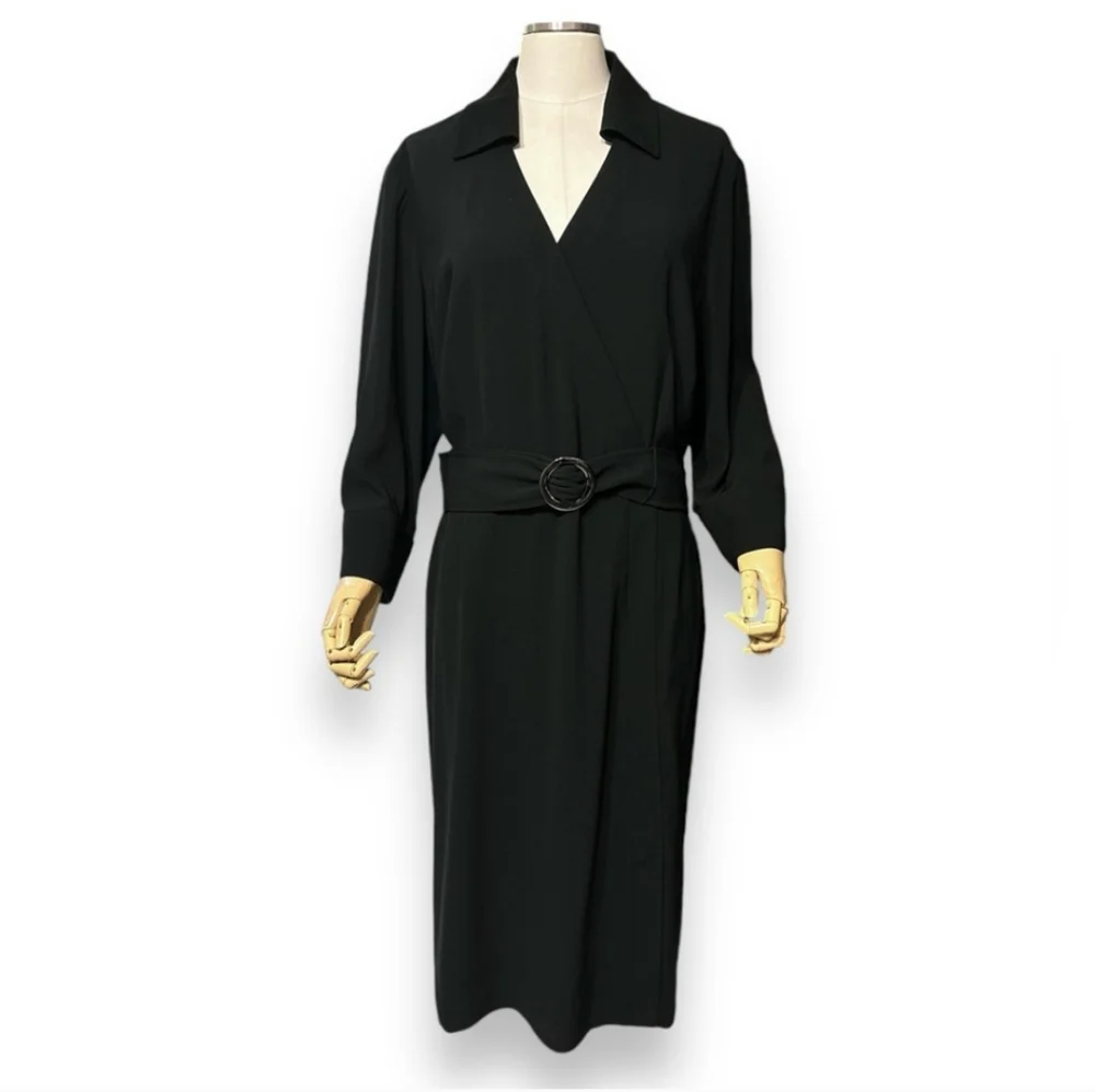 TAHARI ASL Black Collared Faux Wrap Dress with Belt